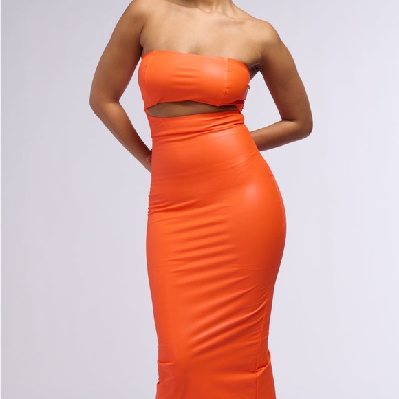 AKIRA Pleather Cut Out Midi Dress Vibrant Orange Strapless Baddie Club Going Out - Picture 2 of 16
